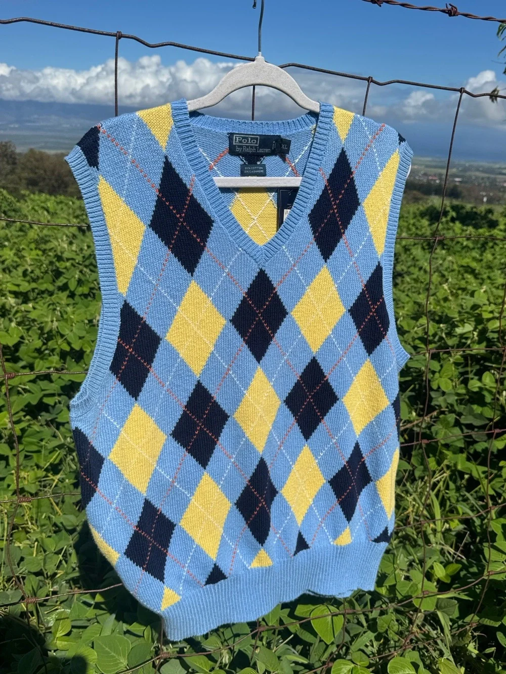 Polo Ralph Lauren Argyle Cashmere Blend Sweater Vest Blue Yellow Preppy XL NWT